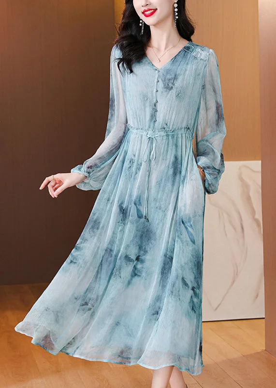 Women Blue V Neck Print Drawstring Silk Dress Lantern Sleeve BB022 Outdoor floral dresses