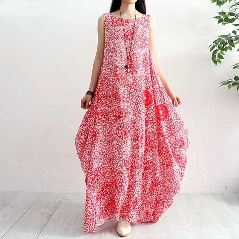 Women's Summer Sleeveless Loose Long Dress With Print Retro floral dresses