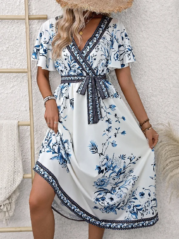 Printed Surplice Flutter Sleeve Dress High-end unclassified dresses