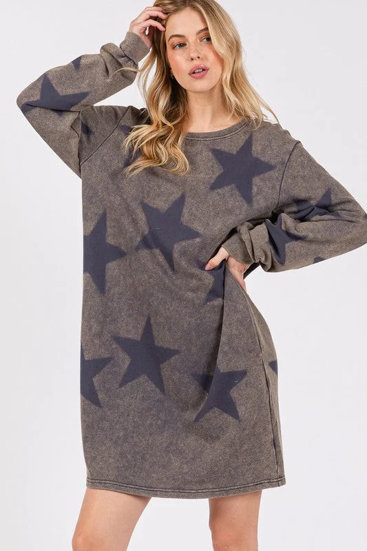 SAGE + FIG Washed Star Print Round Neck Dress Ruched unclassified dresses