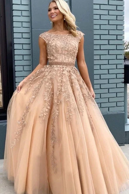 A-Line Empire-Waist Sleeveless Appliques Lace-Up Champagne Long Prom Dress Printed Maxi Skirt