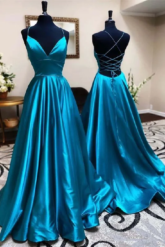 A-Line Pleated Teal Blue V-Neck Lace-Up Long Formal Dress Lace Detail Maxi