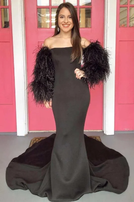 Black Strapless Trumpet Long Prom Dress with Feather Sleeves Maxi Skirt Style