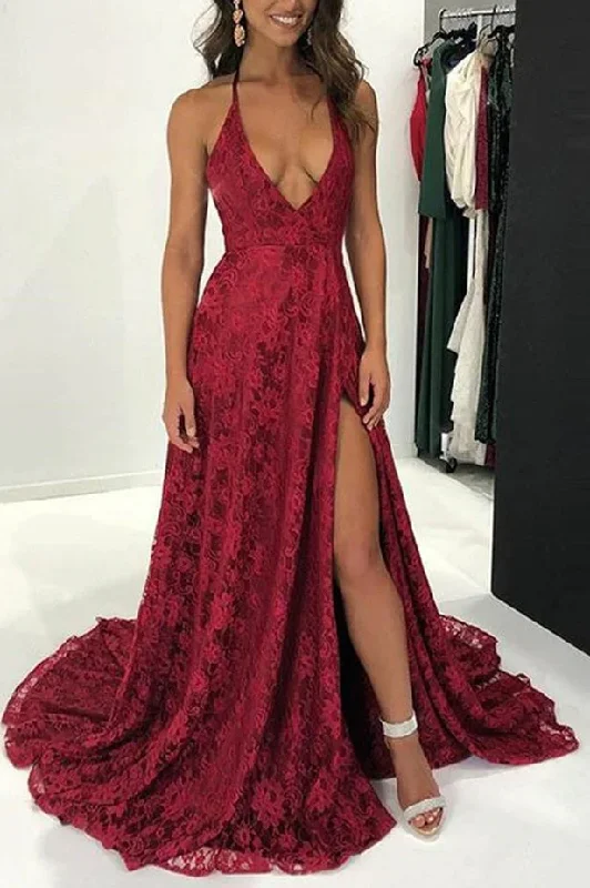 Burgundy Spaghetti Straps V-Neck Lace High Slit Long Prom Dress Colorful Maxi Skirt