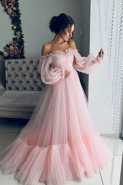 Classy Off-Shoulder A-Line Tulle Long Prom Formal Dress with Sleeves Silk Maxi Skirt