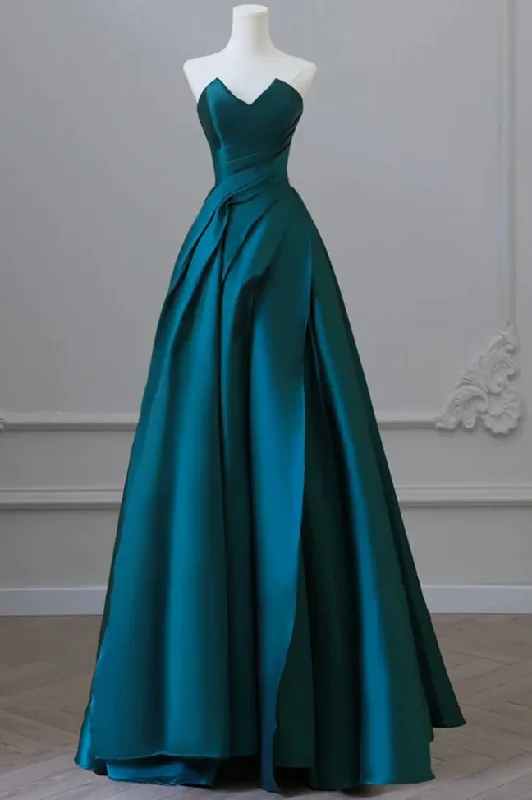 Elegant Strapless Empire-Waist Satin Pleated Long Formal Prom Dress Sexy Long Skirt