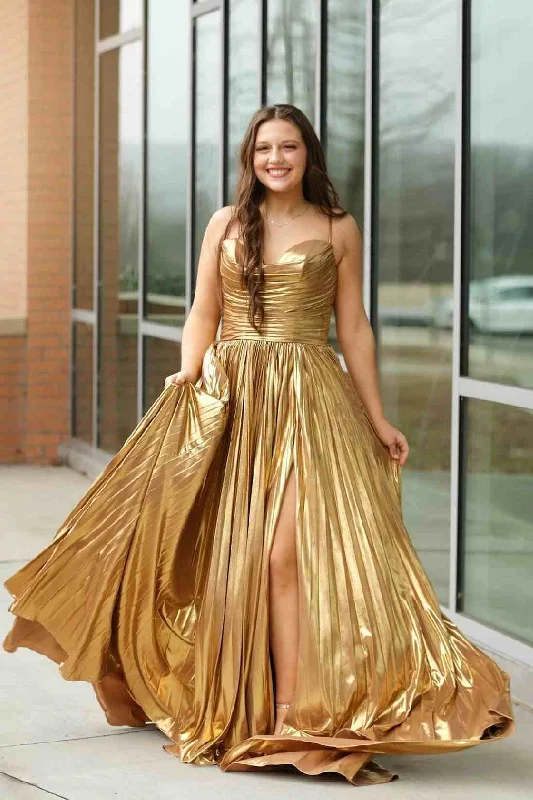 Gold A-Line Spaghetti Straps Metallic Empire-Waist Pleated Long Prom Dress with Slit Ruffle Long Maxi