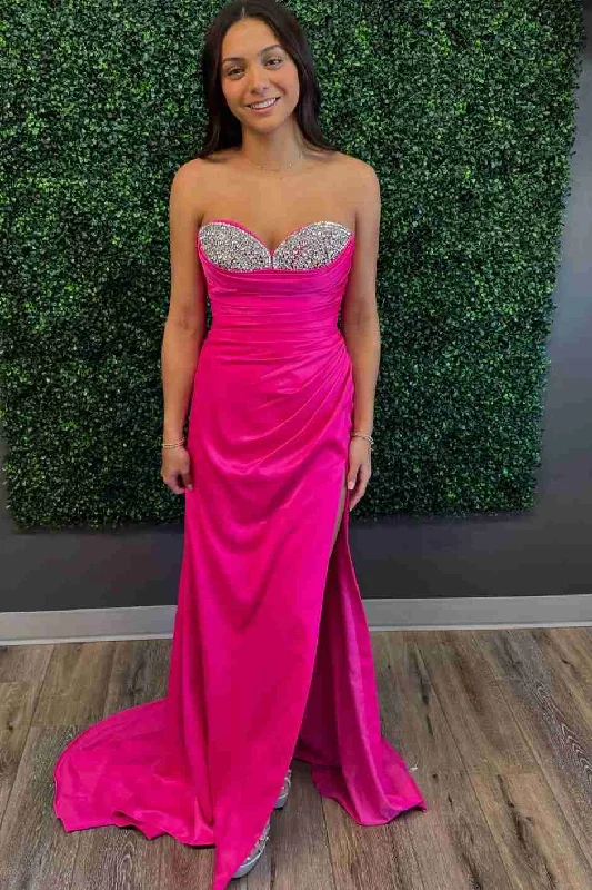 Hot Pink Strapless Beads V-Neck Pleated Long Prom Dress with Slit Front Slit Skirt