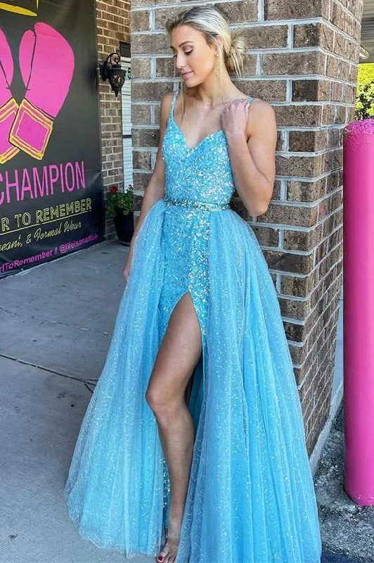 Ice Blue Sequin V-Neck Straps Long Prom Dress With Detachable Train Bold Maxi Skirt