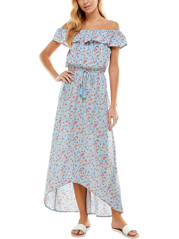 Juniors Womens Floral Tie Waist Maxi Dress Soft Ruffled Maxi