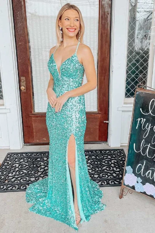 Light Jade Sequin Lace-Up Back Mermaid Long Prom Dress Front Slit Maxi