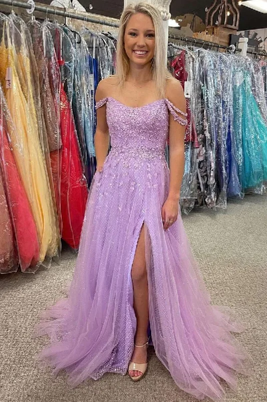 Lilac Tulle Off-the-Shoulder Appliqués Long Prom Dress Chic Maxi Dress