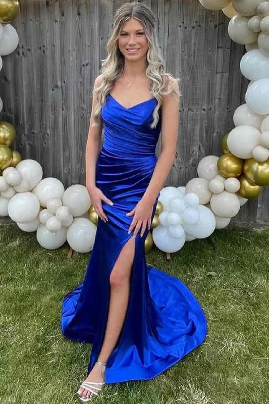 Mermaid Strapless Royal Blue V-Neck Sleeveless Satin Long Prom Dress Summer Maxi Skirt