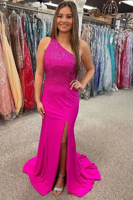 Neon Pink Beaded One-Shoulder Cutout Long Formal Dress Elegant Long Skirt