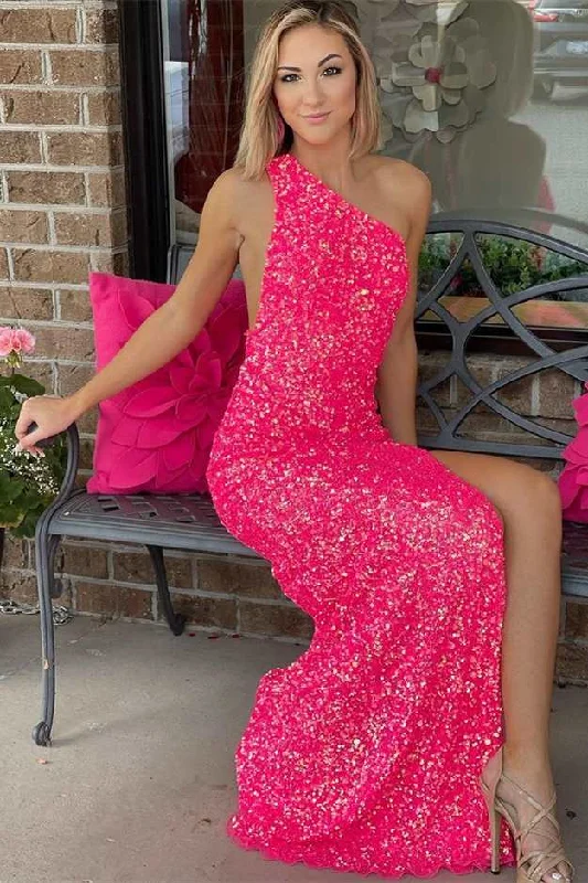 Neon Pink Sequins One-Shoulder Backless Long Formal Dress Cozy Maxi Dress