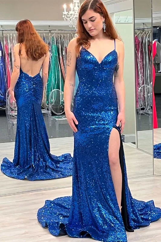 Ocean Blue Sequin V-Neck Backless Mermaid Long Prom Gown with Slit Maxi Skirt Fashion