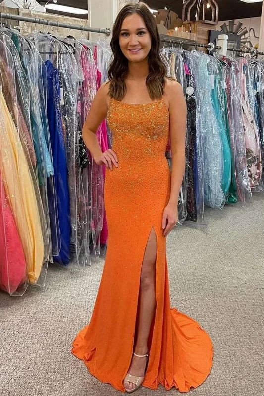 Orange Beaded Lace-Up Back Long Formal Dress with Slit Button-down Maxi Skirt