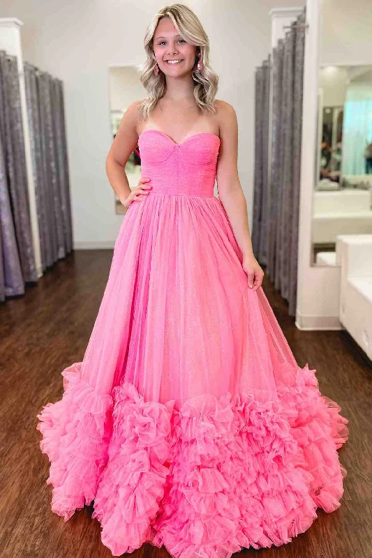 Pink A-Line Empire-Waist Strapless Sleeveless Long Prom Dress Elegant Maxi Skirt