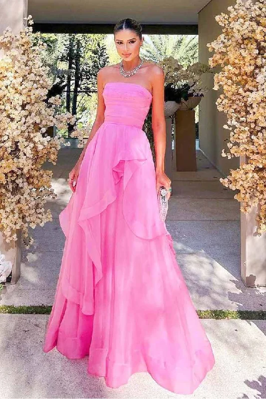 Pink Strapless A-Line Empire-Waist Sleeveless Long Formal Prom Dress Floral Maxi Skirt