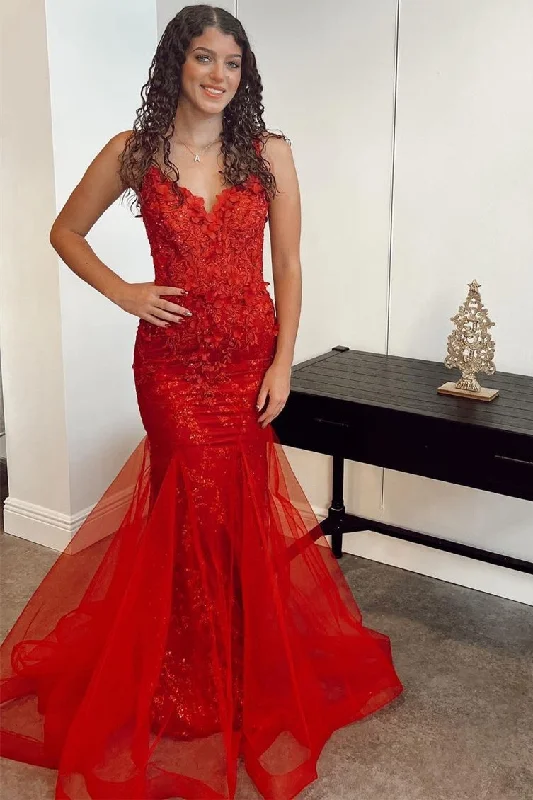 Red Appliqués V-Neck Lace-Up Trumpet Long Prom Dress Soft Pleated Maxi