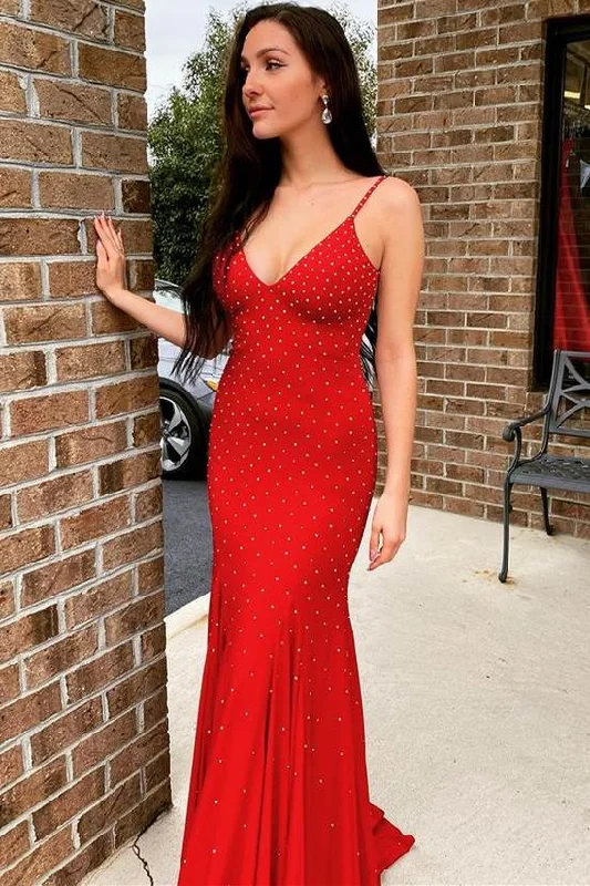 Red Bead Straps Backless Mermaid Long Formal Dress Layered Maxi Skirt