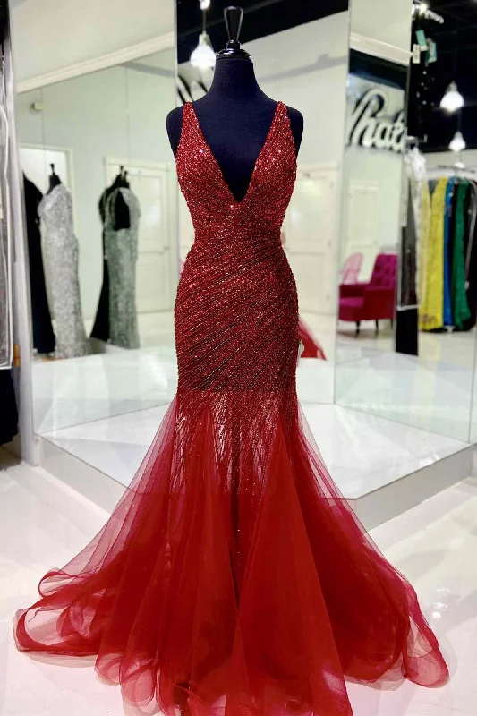 Red Sequin and Tulle Block V-Neck Backless Long Prom Dress Soft Maxi Dress