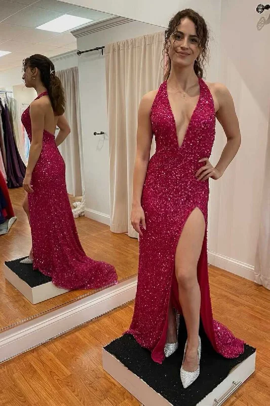 Red Sequin Halter Backless Long Formal Dress with Side Slit Satin Maxi Skirt