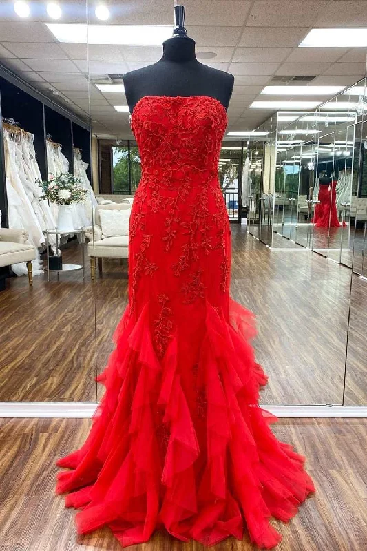 Red Tulle Strapless Appliques Mermaid Long Formal Dress Maxi Skirt Outfit