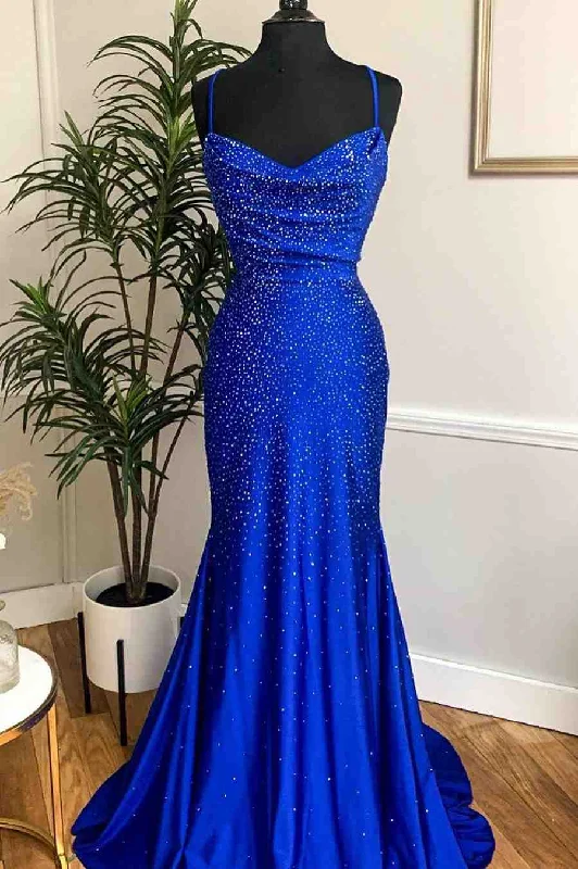 Royal Blue Beaded Cowl Neck Mermaid Long Prom Dress A-line Maxi Skirt