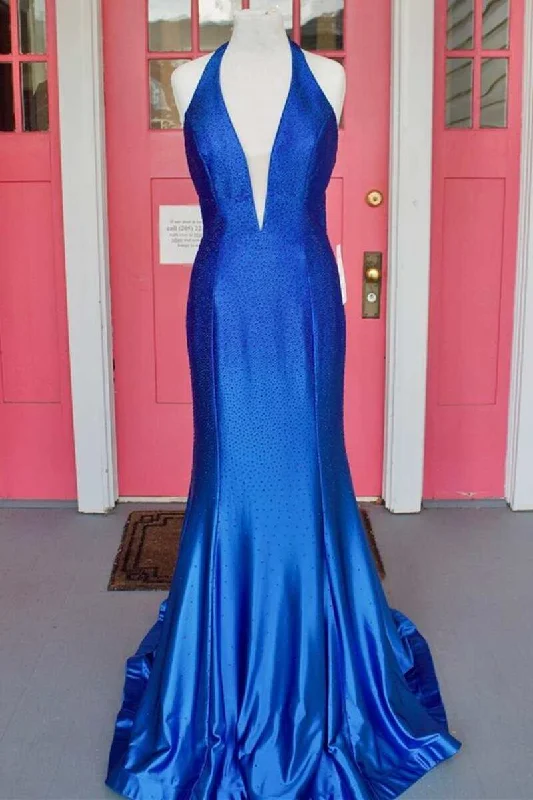 Royal Blue Beaded Plunge Halter Mermaid Long Prom Dress Stretch Maxi Skirt