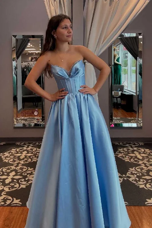 Strapless A-Line V-Neck Sleeveless Empire-Waist Pleated Satin Long Prom Formal Dress Ruffled Maxi Skirt