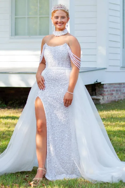 Princess Strapless Scoop Beaded Long Prom Dress with Slit Chic Maxi Skirt