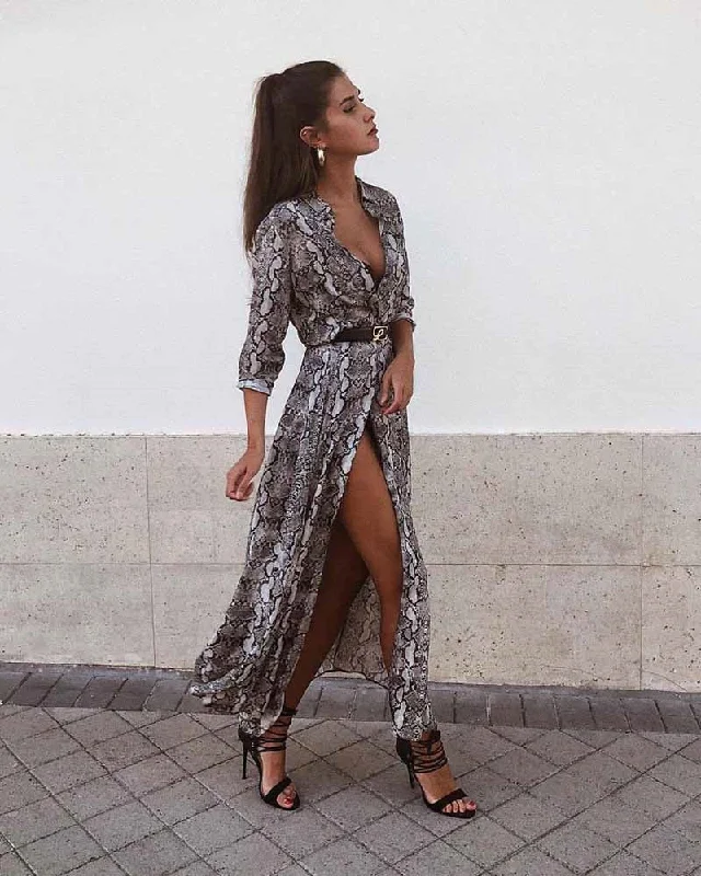 Women's Spring/Summer Chiffon Single-Breasted Long-Sleeved Maxi Dress With Snake Print Fitted Maxi Skirt