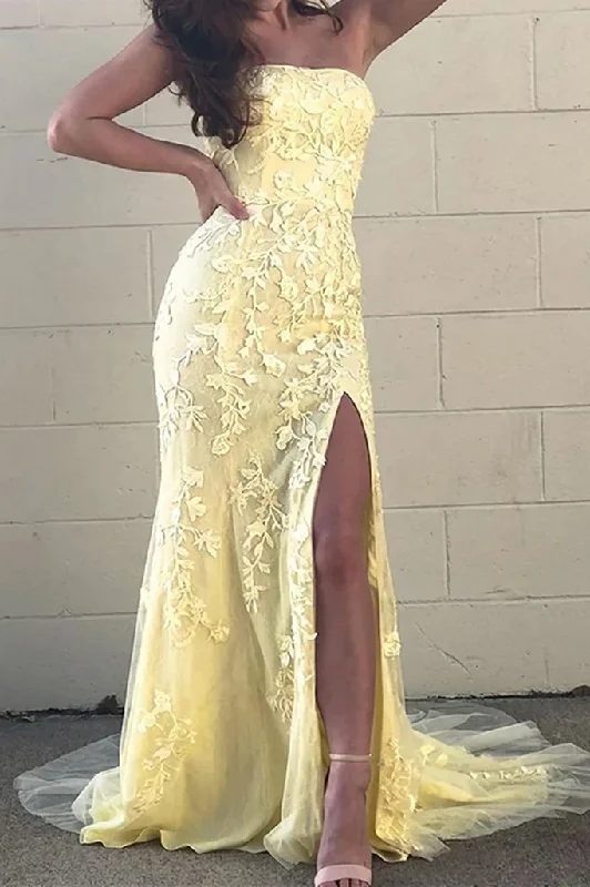 Yellow Strapless Lace Appliques Side Slit Long Trumpet Prom Dress Comfortable Maxi Skirt