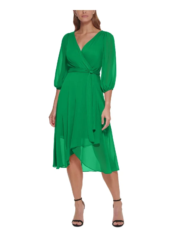 DKNY Womens Green Pleated Zippered Tie-belt Hi-low Hem Lined 3/4 Sleeve Surplice Neckline Midi Wear To Work Faux Wrap Dress Chic Midi Skirt