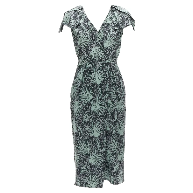 Dries Van Noten leaf print petal sleeves V neck midi dress Ruffled Floral Skirt