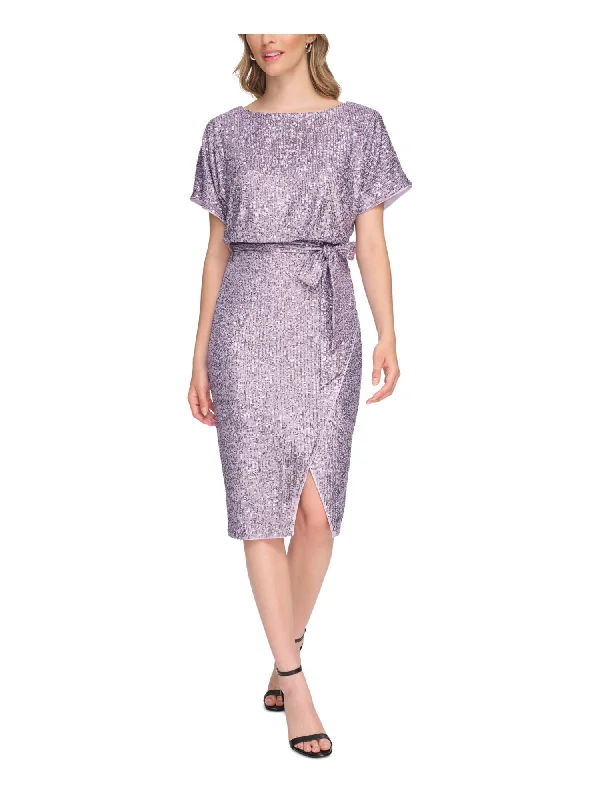 KENSIE DRESSES Womens Purple Slitted Zippered Tie-belt Lined Short Sleeve Boat Neck Midi Party Blouson Dress Casual Midi Skirt