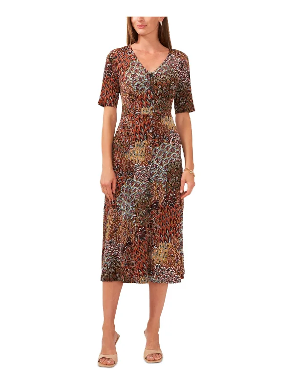 MSK Womens Maroon Printed Short Sleeve V Neck Midi Wear To Work Sheath Dress Midi Skirt Style