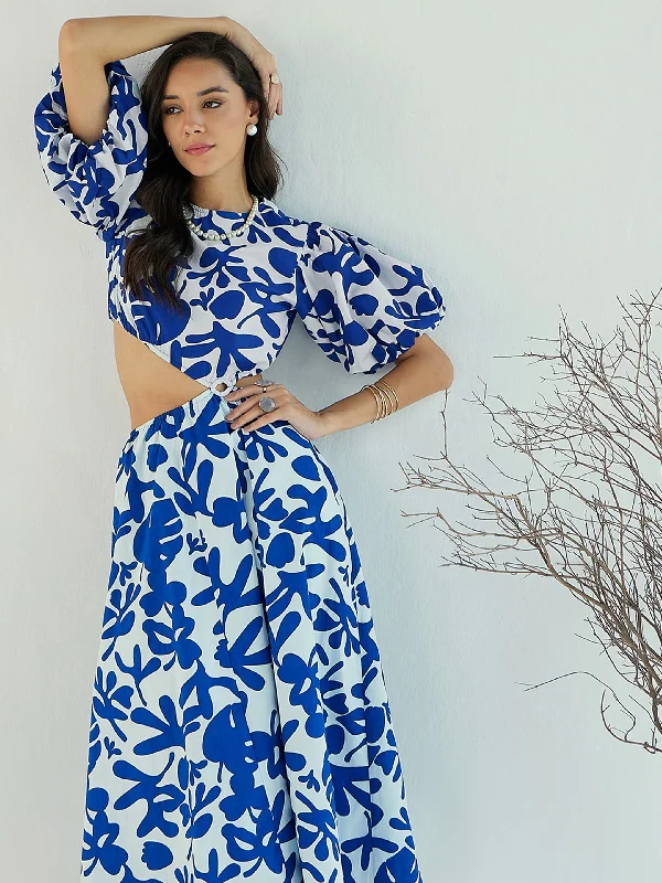 Women Blue & White Floral Side Cut Out Midi Dress Fitted Midi Skirt