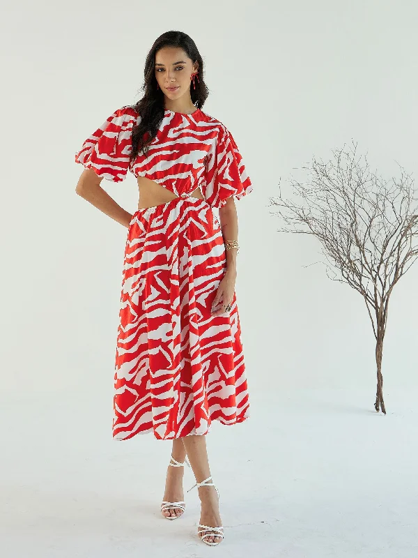 Women Red & White Printed Side Cut Out Midi Dress Elegant A-line Skirt