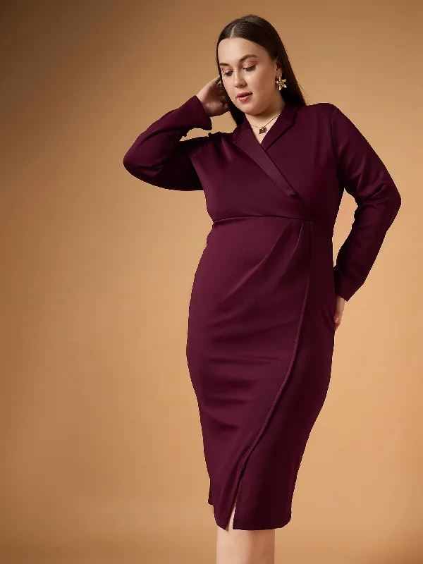 Women Burgundy Full Sleeves Midi Dress Button-front Midi Skirt