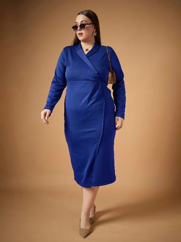 Women Royal Blue Full Sleeves Midi Dress Summer Midi Skirt