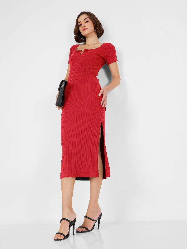 Women Red Rib V-Neck Midi Dress Lace-up Midi Skirt