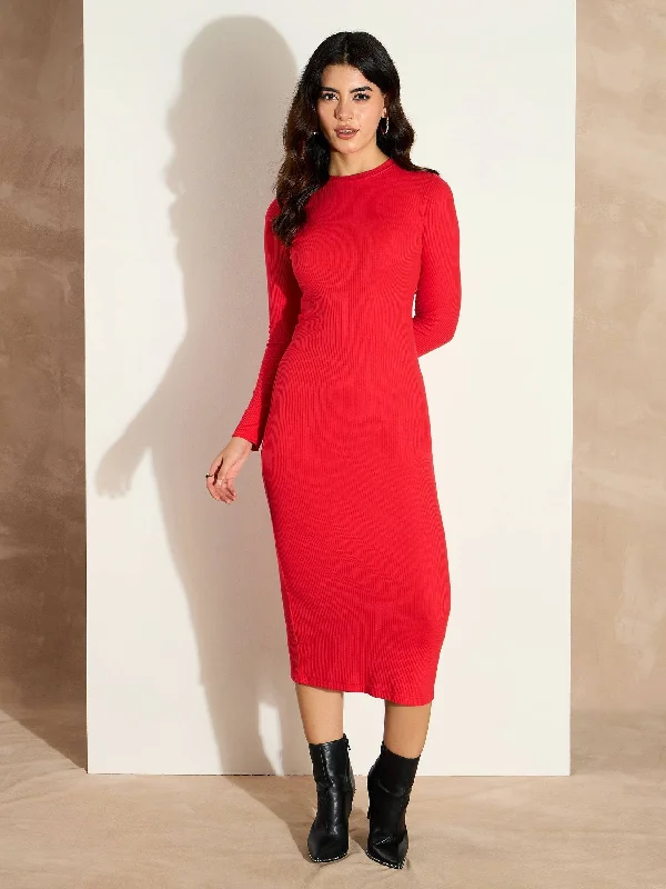 Women Red Rib Bodycon Full Sleeves Midi Dress Trendy Midi Look