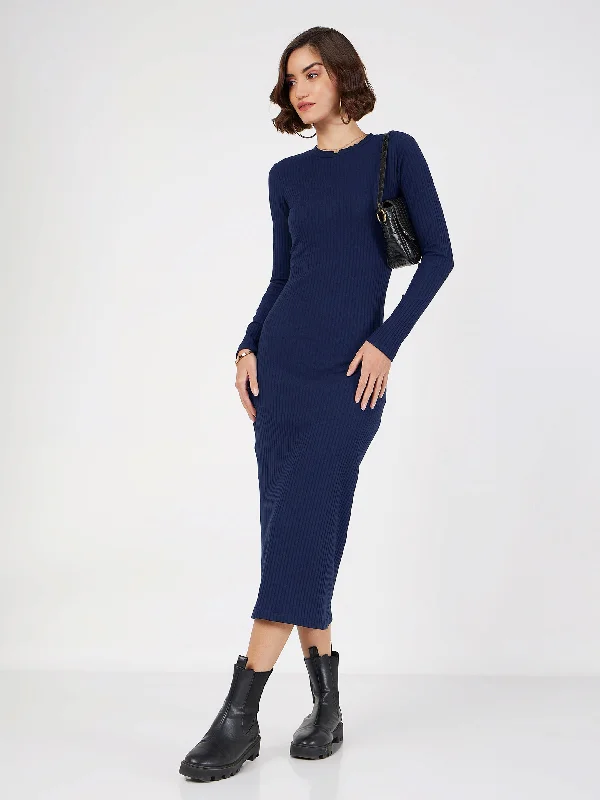 Women Navy Blue Rib Bodycon Full Sleeves Midi Dress Elegant Midi Skirt