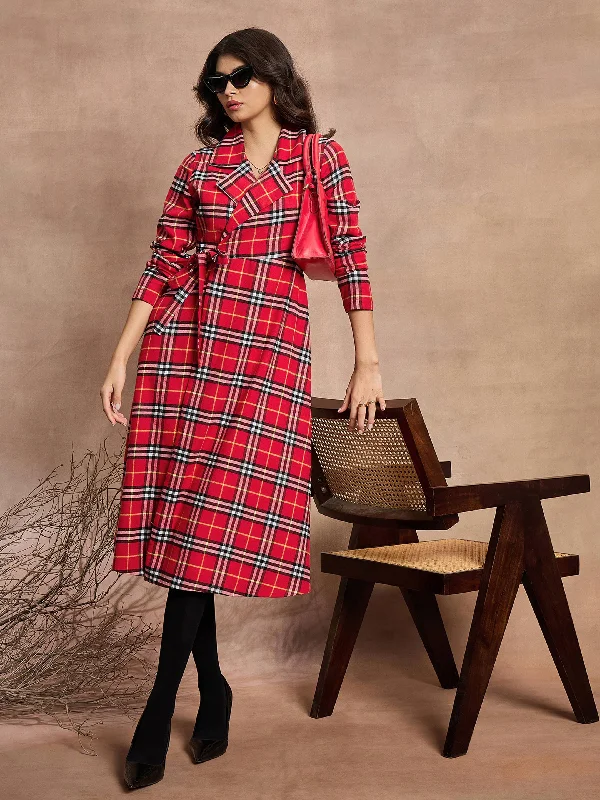 Women Red Check Wrap Tie-Up Midi Dress Wool Midi Skirt