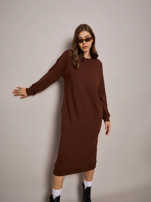 Women Brown Terry Oversized Midi Sweat Dress Vintage Printed Skirt