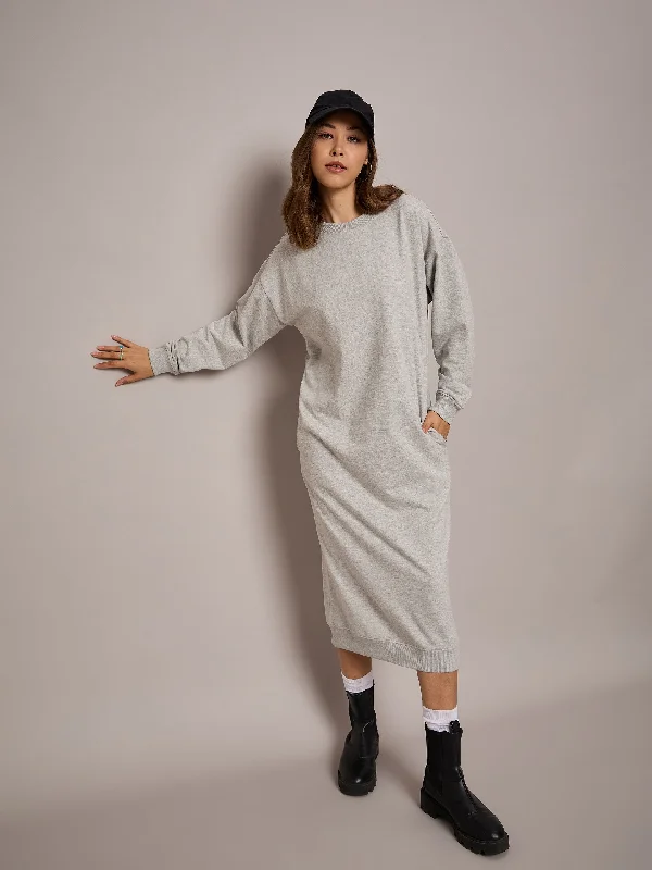 Women Grey Melange Terry Oversized Midi Sweat Dress Front Button Midi