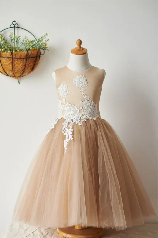 A-Line Lace Appliques Nude Flower Girl Dress Lace Dress Chic