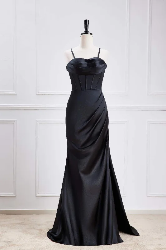 Black Lace-Up Mermaid Satin Long Bridesmaid Dress with Slit Light Lace Dress